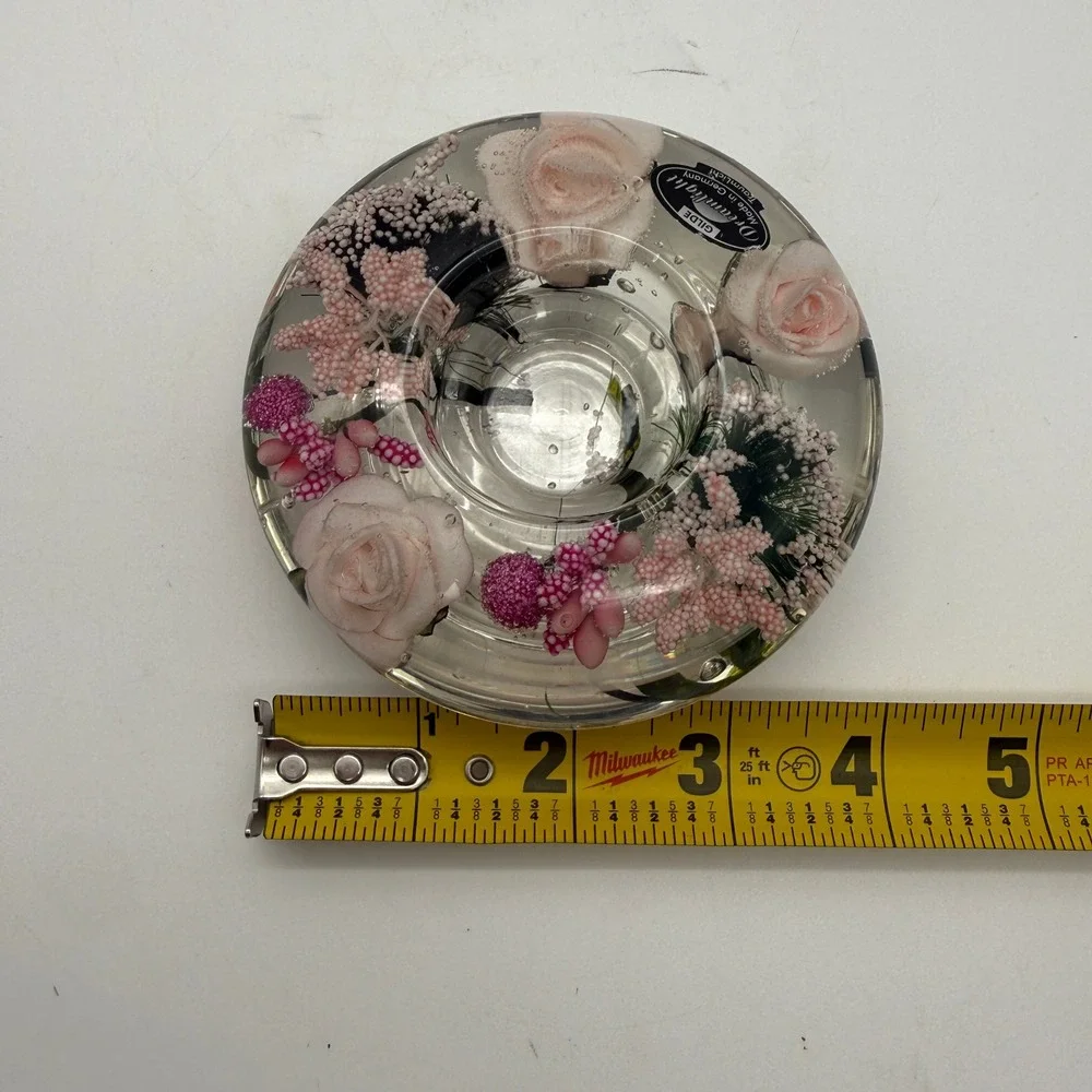 Gilde Dreamlight Candle Holder Germany Pink Rose Floral Resin Round 4in